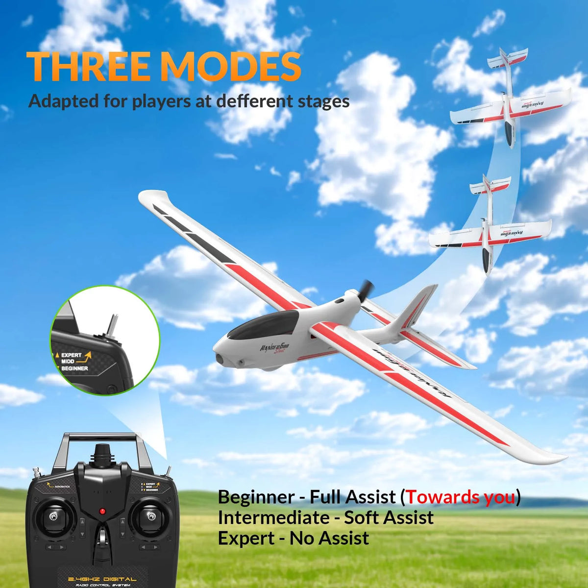 VOLANTEXRC Ranger 600 Glider RC Plane, 4-CH Remote Control Airplane Glider with 3 Flight Modes, One-Key Stunts, 23.6*18.1 Inches, Ideal Park Flyer