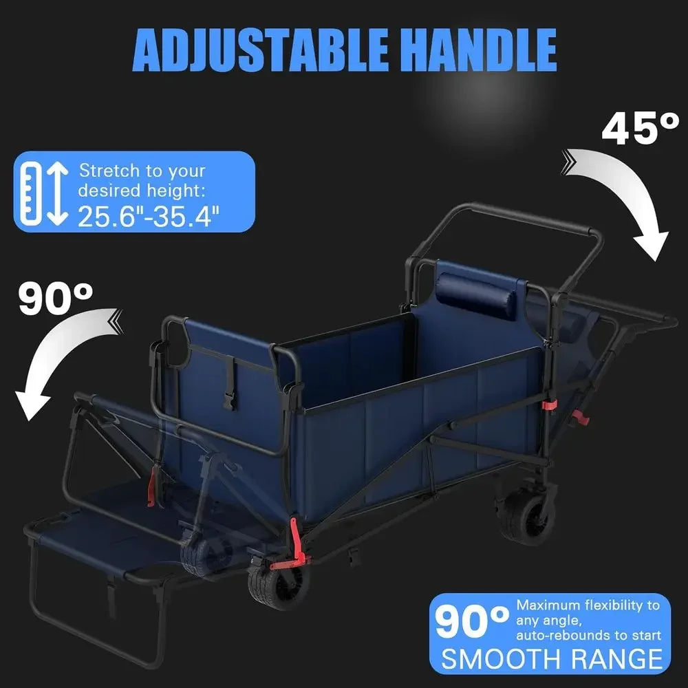 Dual-Purpose Folding Utility Wagon with Convertible Beach Chair, Holds 650 LBS, Ideal for Outdoor Activities and Shopping in Blu