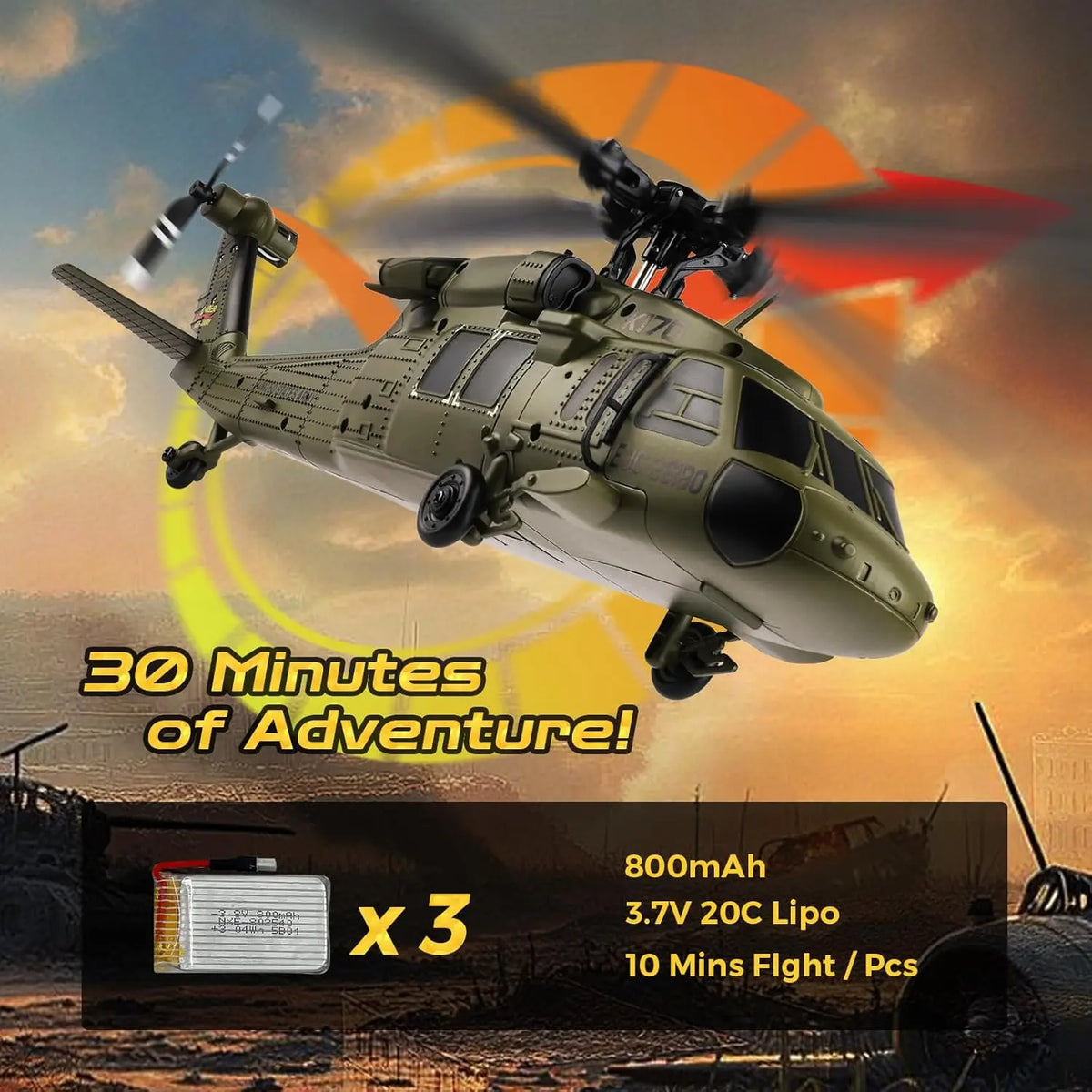 WLtoys K170 Brushless 4-CH RC Helicopter,Full-Scale UH60L Black Hawk,6-Axis Gyroscope, One Key Take-Off/Landing with 3 Batteries