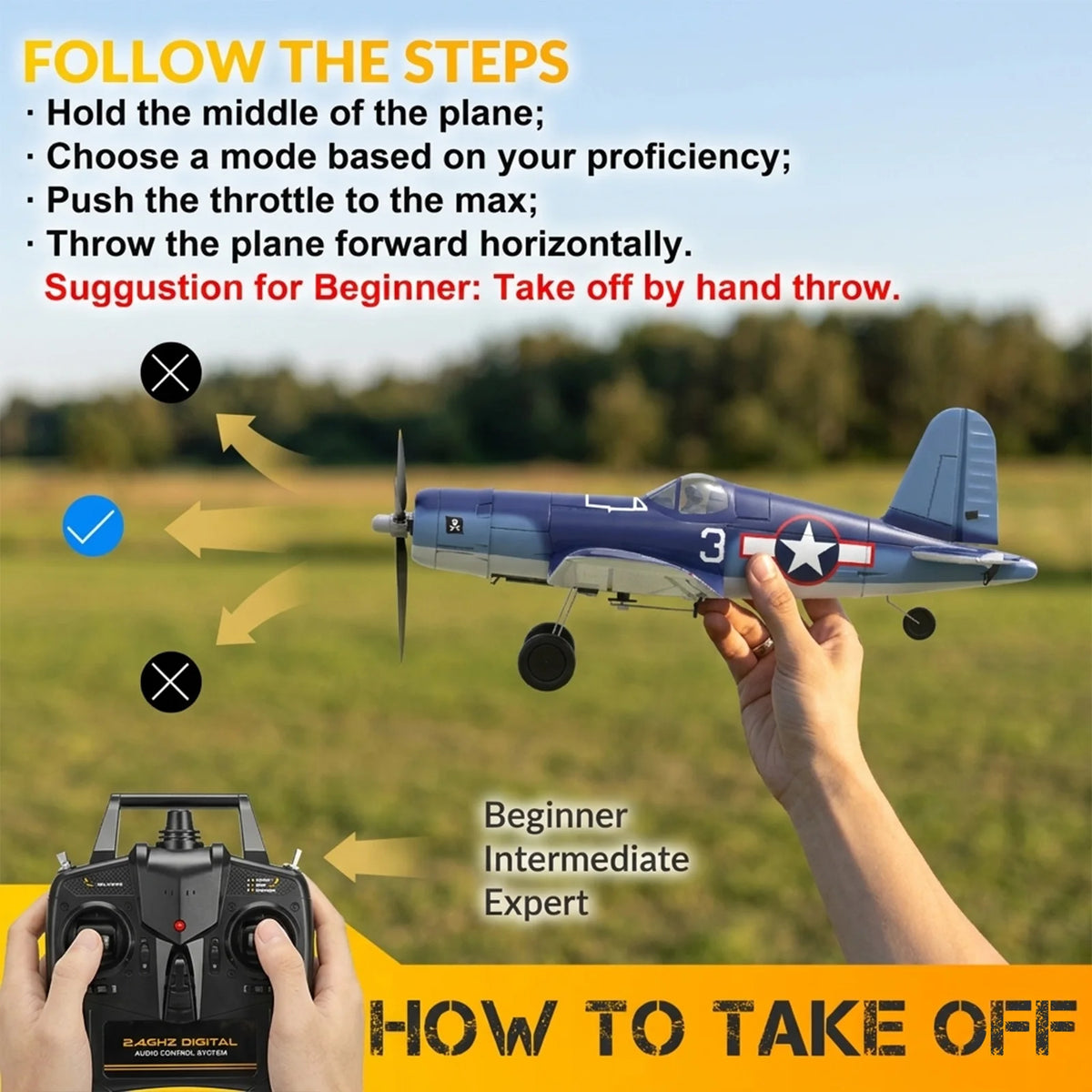 RCkuler F4U Corsair RC Planes for Adults, RTF 4 Channel Remote Control Airplanes with 6-Axis Gyro, 3 Flight Modes, One-Key Aerobatics, Wingspan 400mm RC Airplane with 2 Batteries, Ideal for Outdoors