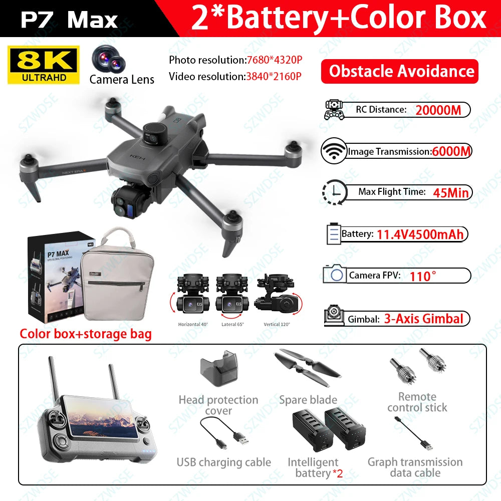 P7 MAX High-end Professional GPS Drone 8K With Screen Remote Control 20km Digital Image Transmission Brushless RC Quadcopter Toy