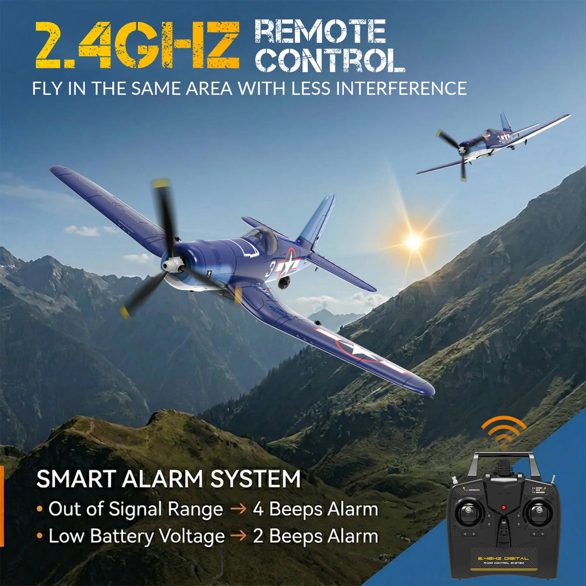 RCkuler F4U Corsair RC Planes for Adults, RTF 4 Channel Remote Control Airplanes with 6-Axis Gyro, 3 Flight Modes, One-Key Aerobatics, Wingspan 400mm RC Airplane with 2 Batteries, Ideal for Outdoors