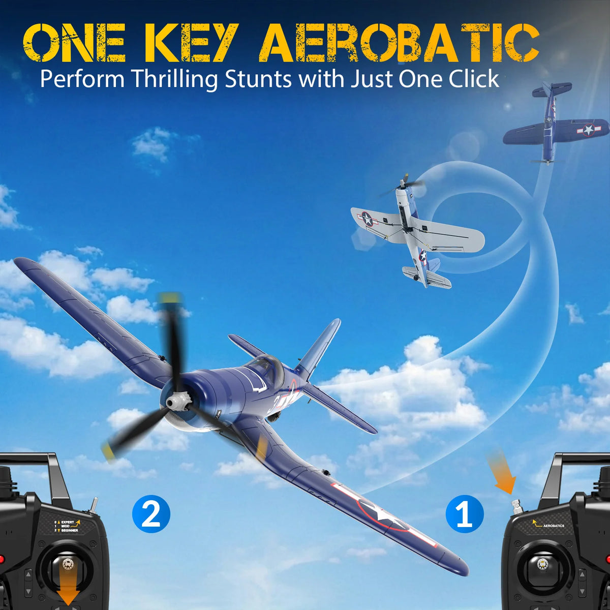 RCkuler F4U Corsair RC Planes for Adults, RTF 4 Channel Remote Control Airplanes with 6-Axis Gyro, 3 Flight Modes, One-Key Aerobatics, Wingspan 400mm RC Airplane with 2 Batteries, Ideal for Outdoors