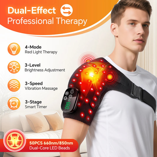 Red Light Shoulder Massager with 660nm & 850nm, 50 LEDs Cordless Shoulder Wrap with Vibration, 3 Modes Timer, XL Size Fits Left Right Shoulder