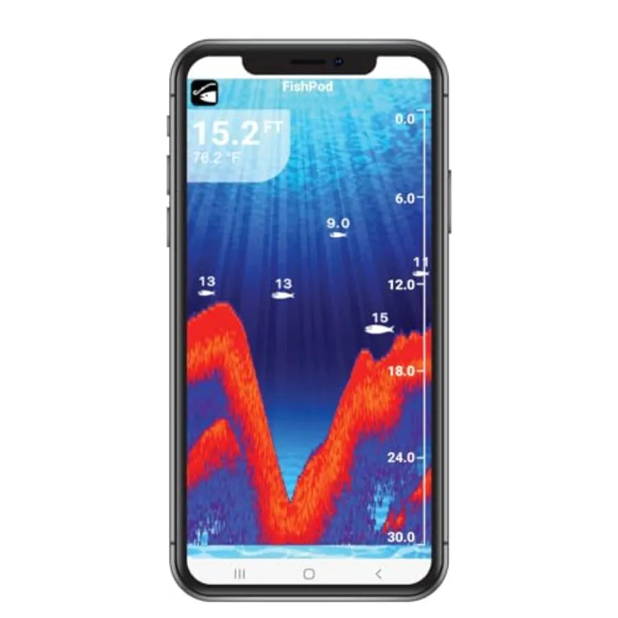 Hawkeye FishPod 5X Bluetooth Fish Finder for freshwater fishing, waterproof ABS housing, black with blue accents, real-time son
