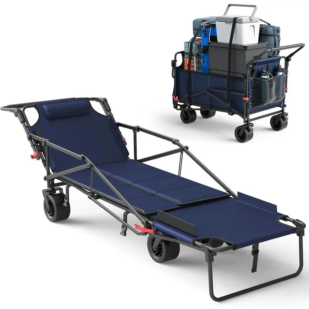 Dual-Purpose Folding Utility Wagon with Convertible Beach Chair, Holds 650 LBS, Ideal for Outdoor Activities and Shopping in Blu