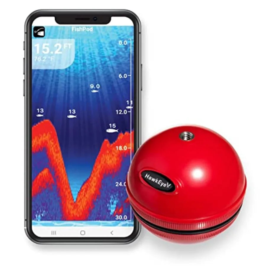 Hawkeye FishPod 5X Bluetooth Fish Finder for freshwater fishing, waterproof ABS housing, black with blue accents, real-time son