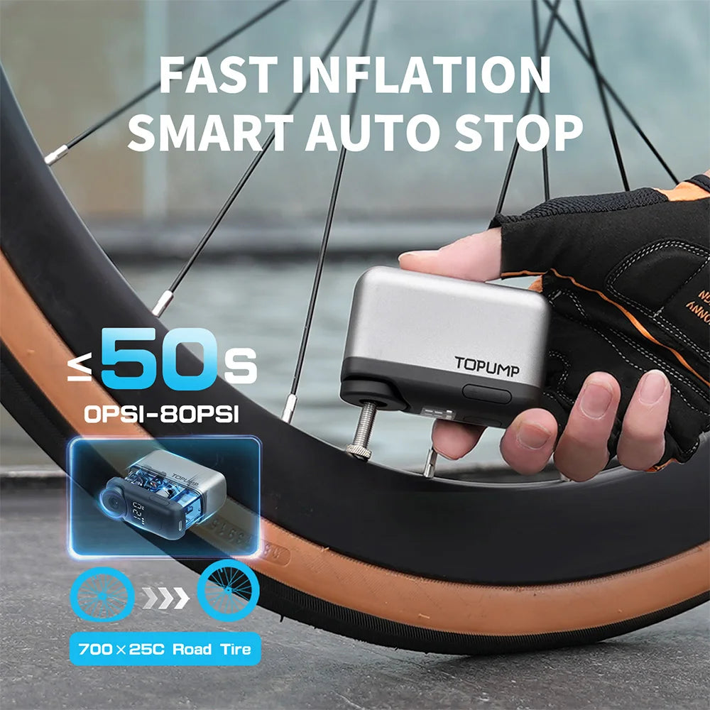 TOPUMP TB2 PRO Electric Mini Portable Pump for Bike Cordless Tire Inflator 120PSI Max 450mAh Battery with Display Fast Charging