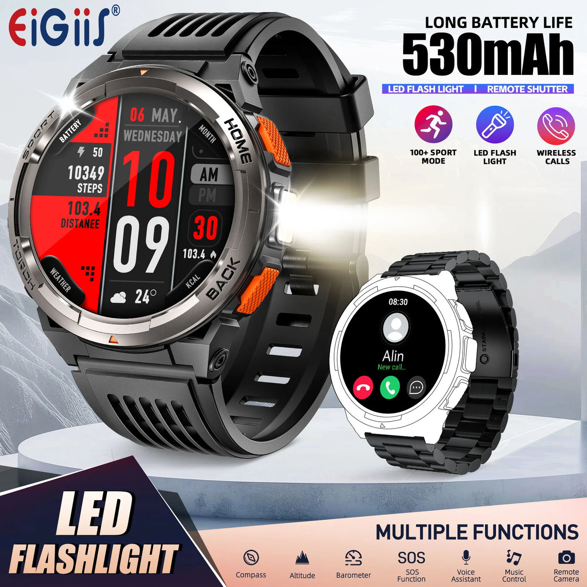 EIGIIS Smart Sports Watch With Compass Barometer And LED Flashlight