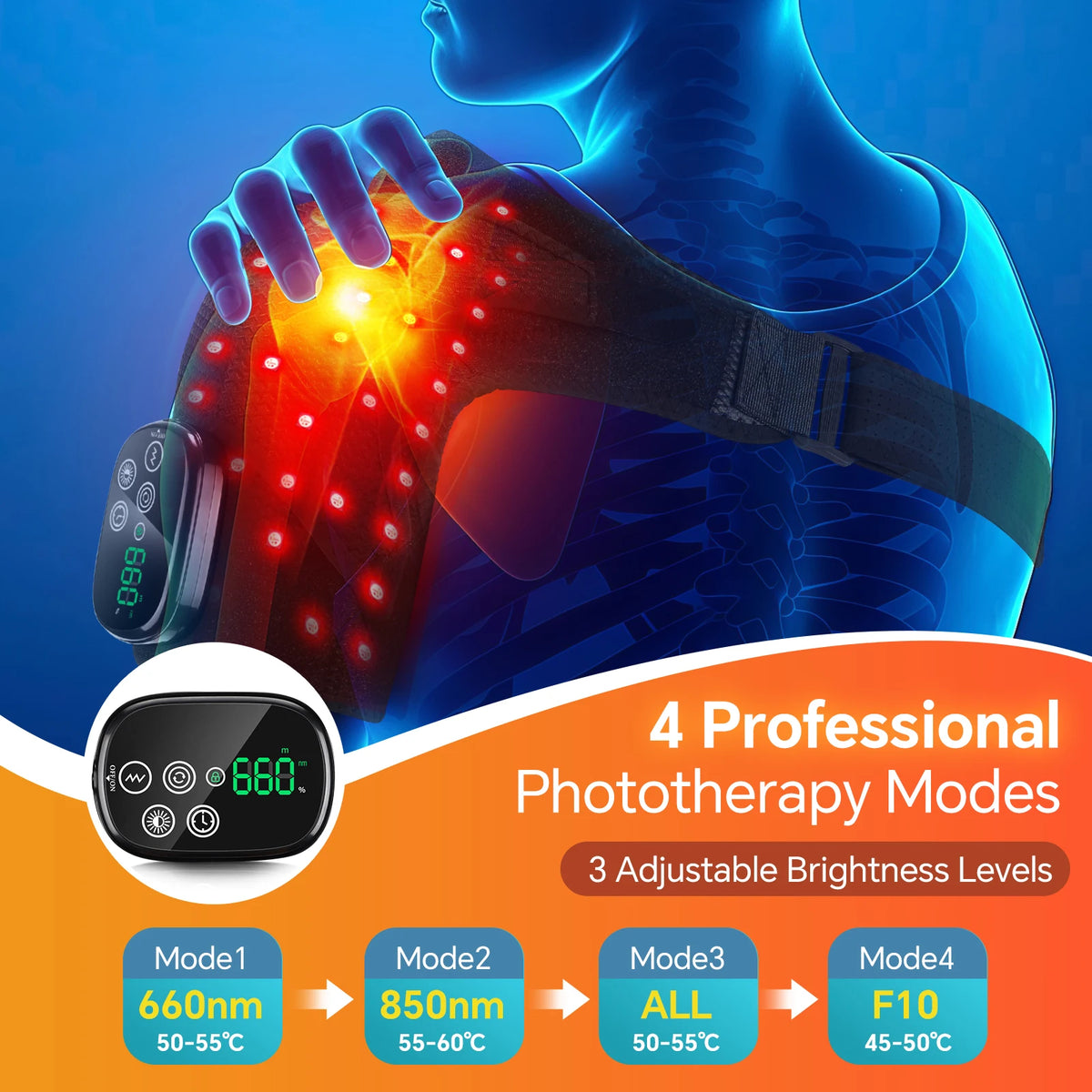 Red Light Shoulder Massager with 660nm & 850nm, 50 LEDs Cordless Shoulder Wrap with Vibration, 3 Modes Timer, XL Size Fits Left Right Shoulder