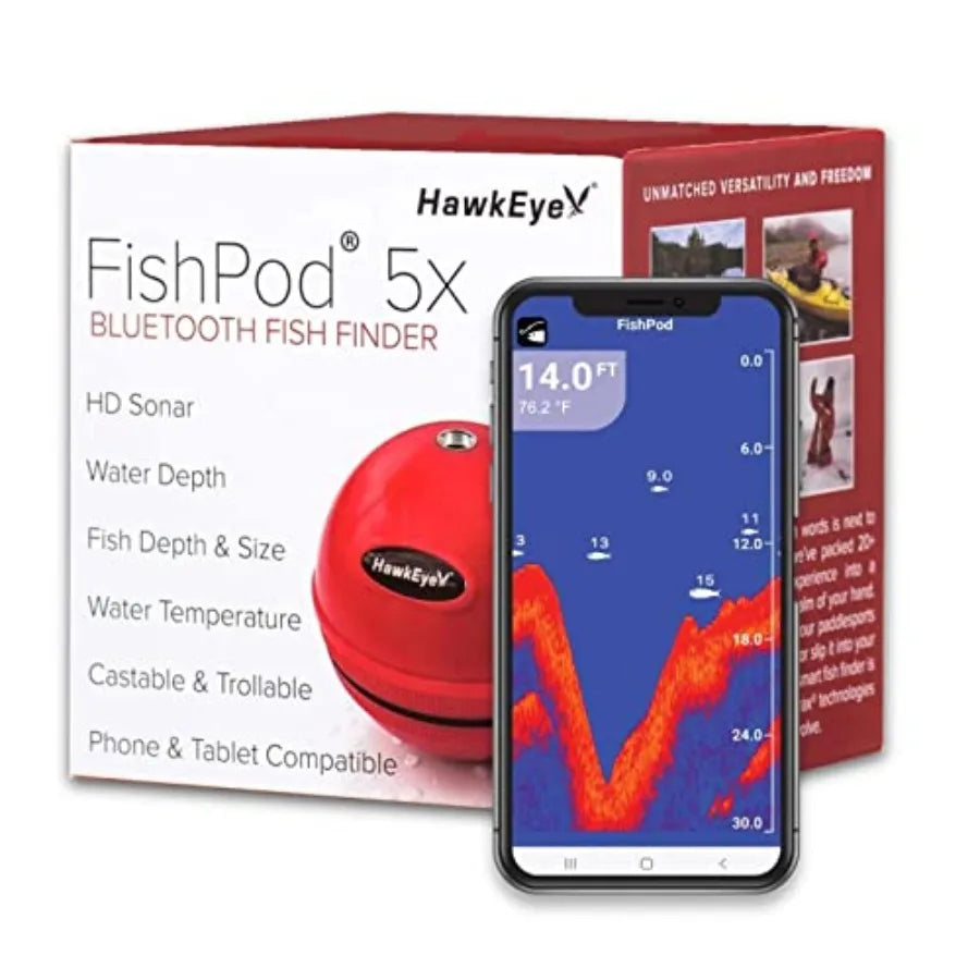 Hawkeye FishPod 5X Bluetooth Fish Finder for freshwater fishing, waterproof ABS housing, black with blue accents, real-time son