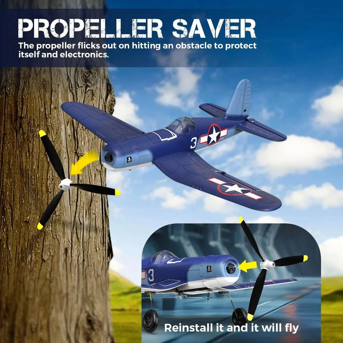 RCkuler F4U Corsair RC Planes for Adults, RTF 4 Channel Remote Control Airplanes with 6-Axis Gyro, 3 Flight Modes, One-Key Aerobatics, Wingspan 400mm RC Airplane with 2 Batteries, Ideal for Outdoors